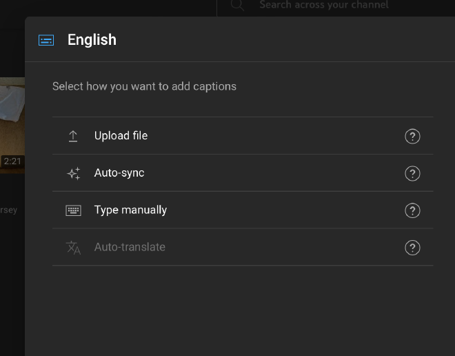 Screenshot showing the option to upload a file containing closed captions.