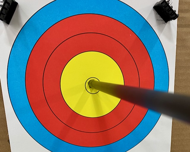 Photo of an arrow lying in the exact center of a multi-color archery target face.